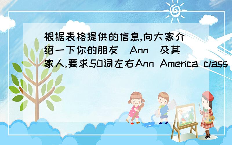 根据表格提供的信息,向大家介绍一下你的朋友(Ann)及其家人,要求50词左右Ann America class two ,read chinesefather America Doctor ,ride a horsemother America Teacher ,play the piano