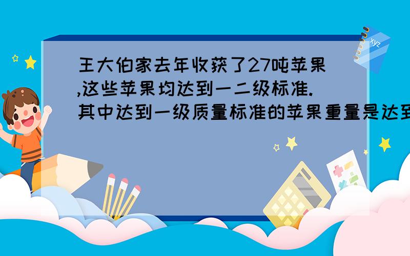 王大伯家去年收获了27吨苹果,这些苹果均达到一二级标准.其中达到一级质量标准的苹果重量是达到二级质量标准苹果的4/5,如果分等级出售,一级苹果每吨售价0.24万元,二级苹果0.16万元,如果不