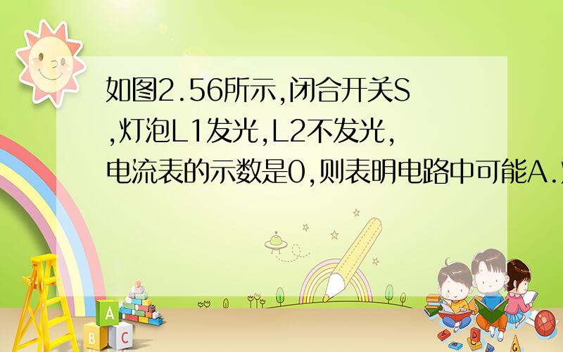 如图2.56所示,闭合开关S,灯泡L1发光,L2不发光,电流表的示数是0,则表明电路中可能A.灯泡L1开路      B.灯泡L1短路          C.灯泡L2开路      D .灯泡L2短路