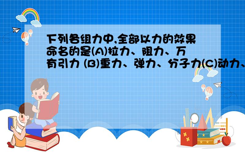 下列各组力中,全部以力的效果命名的是(A)拉力、阻力、万有引力 (B)重力、弹力、分子力(C)动力、浮力、摩擦力 (D)推力、压力、牵引力