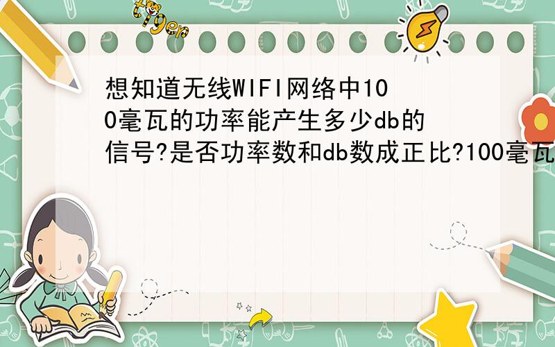 想知道无线WIFI网络中100毫瓦的功率能产生多少db的信号?是否功率数和db数成正比?100毫瓦的功率能传输多少距离?