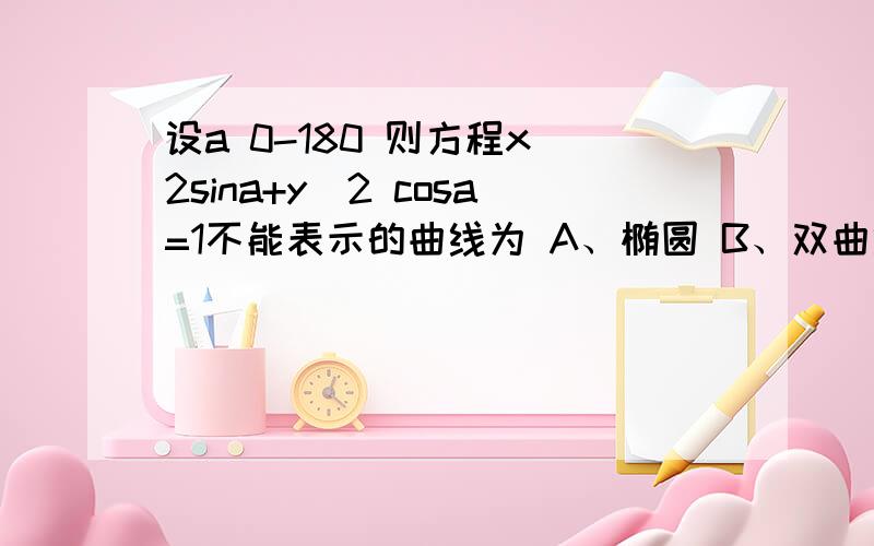 设a 0-180 则方程x^2sina+y^2 cosa=1不能表示的曲线为 A、椭圆 B、双曲线C、抛物线D、圆设a属于0-180° 则方程（x^2）*sina+（y^2）* cosa=1不能表示的曲线为A、椭圆 B、双曲线C、抛物线D、圆a属于[0-180°]