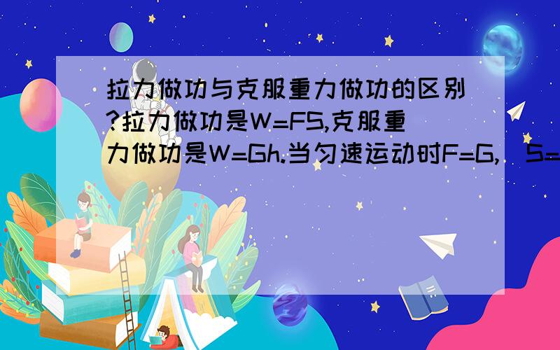 拉力做功与克服重力做功的区别?拉力做功是W=FS,克服重力做功是W=Gh.当匀速运动时F=G,（S=h）W就相等,可是不匀速F大于G