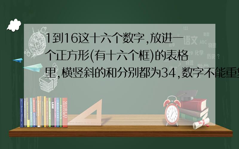 1到16这十六个数字,放进一个正方形(有十六个框)的表格里,横竖斜的和分别都为34,数字不能重复!