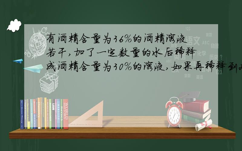 有酒精含量为36%的酒精溶液若干,加了一定数量的水后稀释成酒精含量为30%的溶液,如果再稀释到24%那么还要加水的数量是上次加的水的几倍?