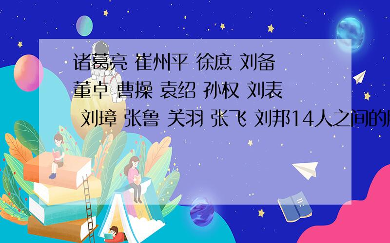 诸葛亮 崔州平 徐庶 刘备 董卓 曹操 袁绍 孙权 刘表 刘璋 张鲁 关羽 张飞 刘邦14人之间的所有关系,包括近远亲属 好友 主仆 ,最好知道什么关系就都说出来.包括野史的内容(最好有名字）