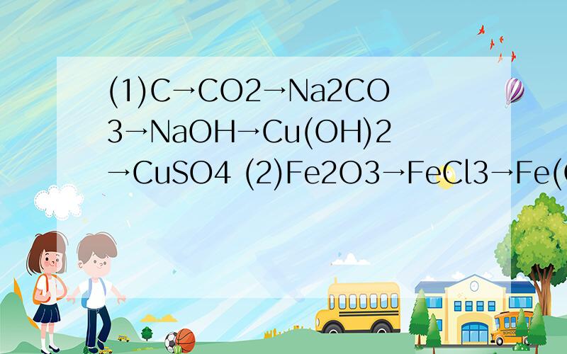 (1)C→CO2→Na2CO3→NaOH→Cu(OH)2→CuSO4 (2)Fe2O3→FeCl3→Fe(OH)3→Fe2(SO4)3完成下列各变化的化学方程式