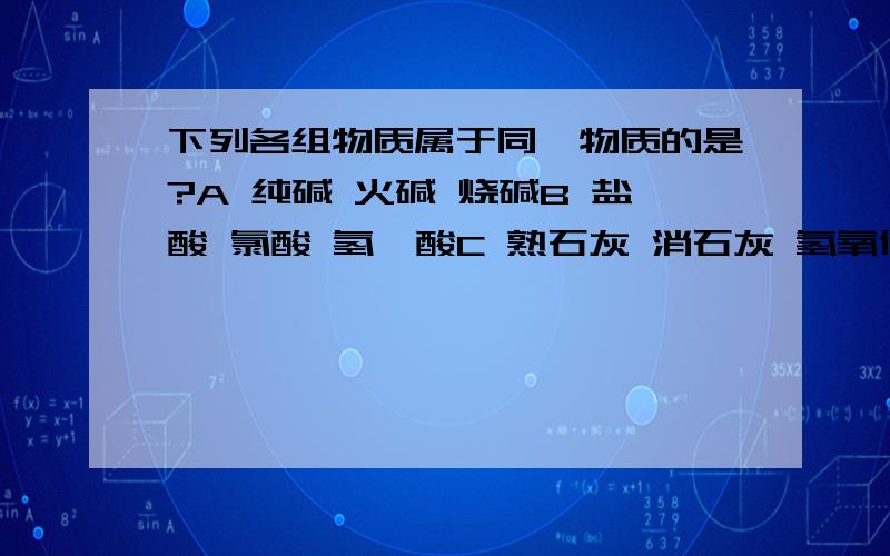 下列各组物质属于同一物质的是?A 纯碱 火碱 烧碱B 盐酸 氯酸 氢氟酸C 熟石灰 消石灰 氢氧化钙D 硫酸 氢硫酸 亚硫酸