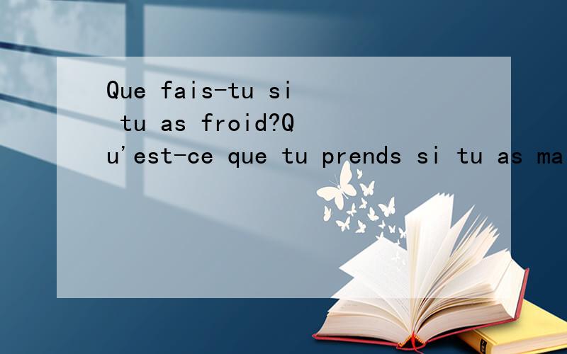 Que fais-tu si tu as froid?Qu'est-ce que tu prends si tu as mal au ventre?Qu'est-ce tu bois si tu as soif?Qu'est-ce que tu fais si tu veux rester en forme?Qui appelles-tu si tu as de la fievre?merci beaucoup!