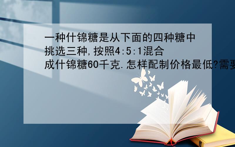 一种什锦糖是从下面的四种糖中挑选三种,按照4:5:1混合成什锦糖60千克.怎样配制价格最低?需要多少元?奶糖：20元/千克       酥糖：16元/千克         水果糖：12元/千克          巧克力糖：26元/千