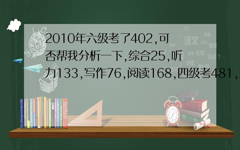 2010年六级考了402,可否帮我分析一下,综合25,听力133,写作76,阅读168,四级考481,六级才考这一点点,我该侧重于哪部分?该如何提高?