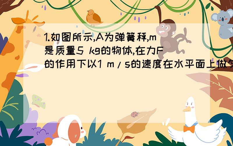 1.如图所示,A为弹簧秤,m是质量5 kg的物体,在力F的作用下以1 m/s的速度在水平面上做匀速直线运动1.如图所示,A为弹簧秤,m是质量5 kg的物体,在力F的作用下以1 m/s的速度在水平面上做匀速直线运动