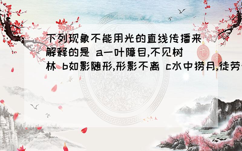 下列现象不能用光的直线传播来解释的是 a一叶障目,不见树林 b如影随形,形影不离 c水中捞月,徒劳无功d所见甚小