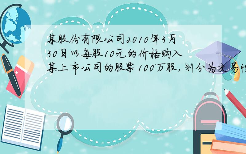 某股份有限公司2010年3月30日以每股10元的价格购入某上市公司的股票100万股,划分为交易性金融资产,购买该股票支付手续费20万元,2010年5月20日收到该上市公司按照每股0.5元发放的现金股利,201