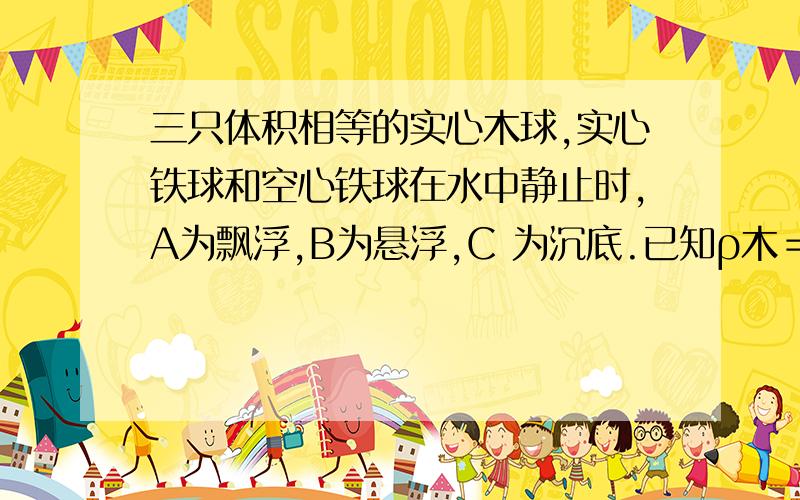 三只体积相等的实心木球,实心铁球和空心铁球在水中静止时,A为飘浮,B为悬浮,C 为沉底.已知ρ木＝0.6×10^3kg/m^3,ρ铁＝7.9×10^3kg/m^3,则空心铁球一定是B,其中空心部分体积占球的总体积的——