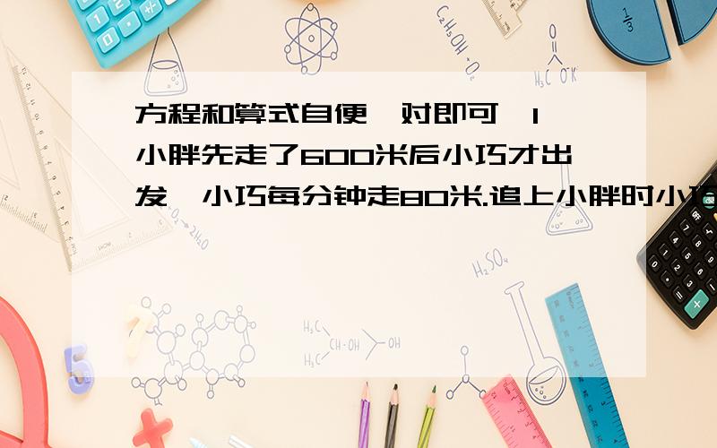 方程和算式自便,对即可,1 小胖先走了600米后小巧才出发,小巧每分钟走80米.追上小胖时小巧走了2400米,小胖每分钟走多少米?2 甲乙两辆汽车同时从相距570千米的两地相对而行.甲车每小时行60千