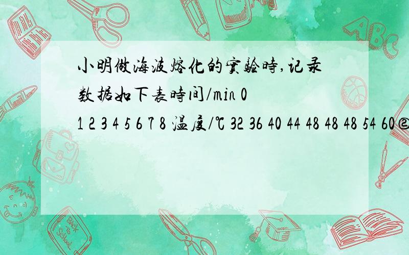 小明做海波熔化的实验时,记录数据如下表时间/min 0 1 2 3 4 5 6 7 8 温度/℃ 32 36 40 44 48 48 48 54 60②从图像看出,海波从开始熔化到熔化结束用了（）min,海波的熔点（）℃,第7min时海波处于（）态