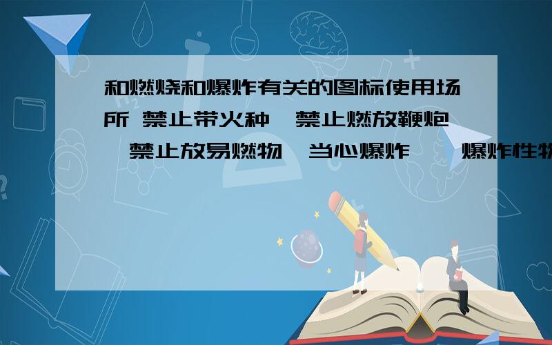 和燃烧和爆炸有关的图标使用场所 禁止带火种、禁止燃放鞭炮、禁止放易燃物、当心爆炸——爆炸性物质的使用场所