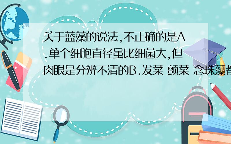 关于蓝藻的说法,不正确的是A.单个细胞直径虽比细菌大,但肉眼是分辨不清的B.发菜 颤菜 念珠藻都属于蓝藻C蓝藻的叶绿体含蓝藻素和叶绿素D.蓝藻是能自养的原核生物