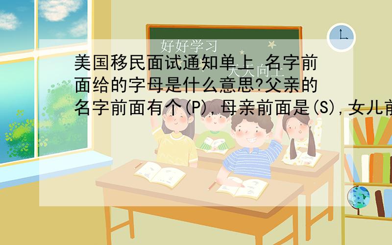 美国移民面试通知单上 名字前面给的字母是什么意思?父亲的名字前面有个(P),母亲前面是(S),女儿前面是（C）.都在名字拼音的前面,应该是什么缩写.急求!