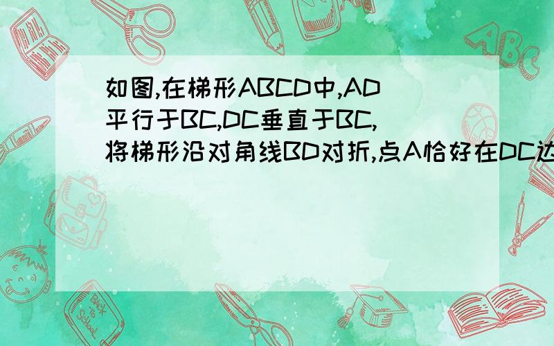 如图,在梯形ABCD中,AD平行于BC,DC垂直于BC,将梯形沿对角线BD对折,点A恰好在DC边上