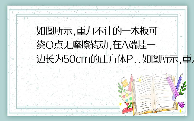 如图所示,重力不计的一木板可绕O点无摩擦转动,在A端挂一边长为50cm的正方体P..如图所示,重力不计的一木板可绕O点无摩擦转动,在A端挂一边长为50cm的正方体P,个体重为500N的中学生站在B点时,P