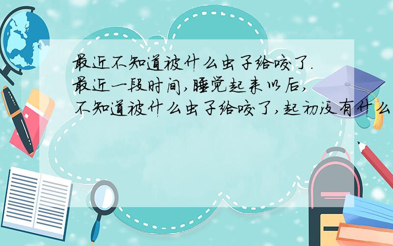 最近不知道被什么虫子给咬了.最近一段时间,睡觉起来以后,不知道被什么虫子给咬了,起初没有什么事,也看不出来,但是你一碰到就感觉很痒,就非常想挠它,挠完之后就起了个包跟蚊子叮的差