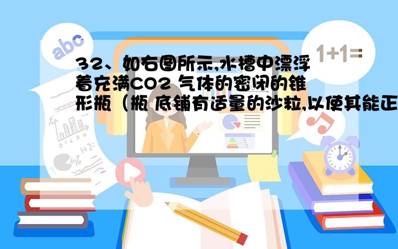 32、如右图所示,水槽中漂浮着充满CO2 气体的密闭的锥形瓶（瓶 底铺有适量的沙粒,以使其能正立于水中）,