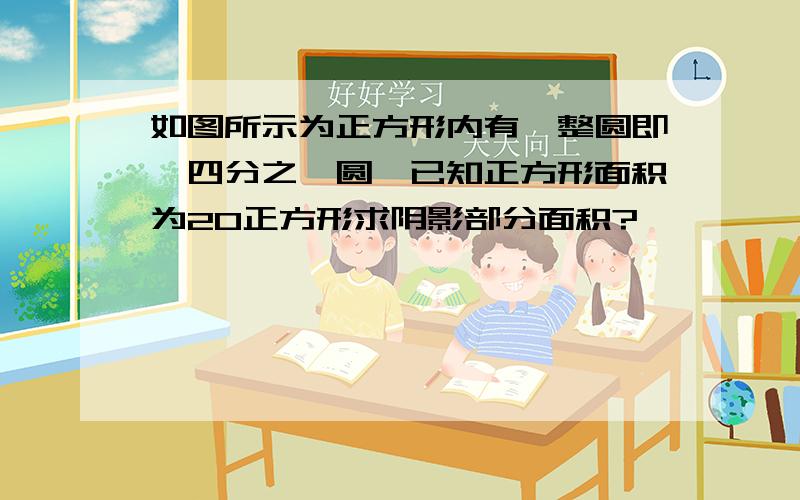 如图所示为正方形内有一整圆即一四分之一圆,已知正方形面积为20正方形求阴影部分面积?