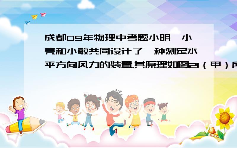 成都09年物理中考题小明、小亮和小敏共同设计了一种测定水平方向风力的装置.其原理如图21（甲）所示：绝缘轻弹簧的左端固定在D点,右端与中心有孔、表面竖直的金属迎风板相连,一起套