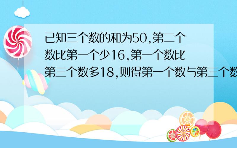 已知三个数的和为50,第二个数比第一个少16,第一个数比第三个数多18,则得第一个数与第三个数的最大公因数为多少?这三个数的最小公倍数为多少?最好用列方程,求出这三个数!