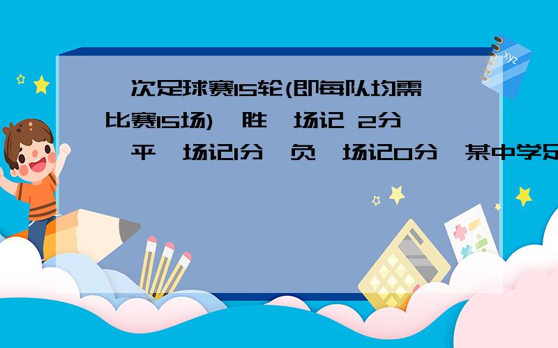 一次足球赛15轮(即每队均需比赛15场),胜一场记 2分,平一场记1分,负一场记0分,某中学足球队 胜的场数是负的场数的2倍,结果得19分,问这 个足球队共平了几场