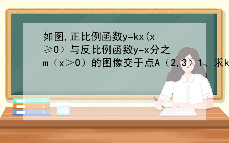 如图,正比例函数y=kx(x≥0）与反比例函数y=x分之m（x＞0）的图像交于点A（2,3）1、求k和m的值2、写出正比例函数值大于反比例函数值时自变量x的取值范围  速度啊                  急