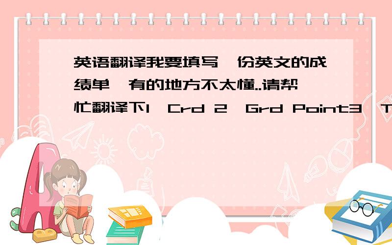 英语翻译我要填写一份英文的成绩单,有的地方不太懂..请帮忙翻译下1,Crd 2,Grd Point3,Total Semester Credit