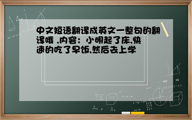 中文短语翻译成英文一整句的翻译哦 ,内容：小明起了床,快速的吃了早饭,然后去上学