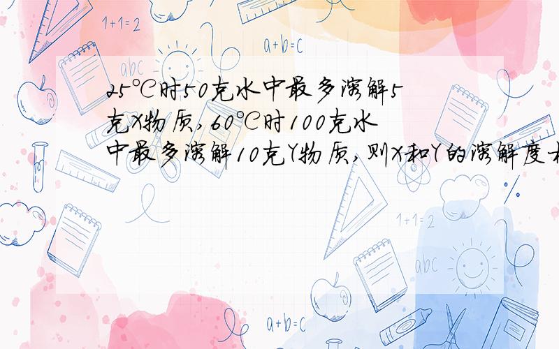 25℃时50克水中最多溶解5克X物质,60℃时100克水中最多溶解10克Y物质,则X和Y的溶解度相比（ ） A X＞Y 25℃时50克水中最多溶解5克X物质,60℃时100克水中最多溶解10克Y物质,则X和Y的溶解度相比（