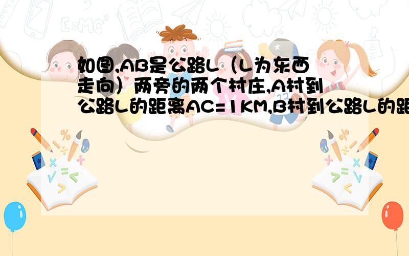 如图,AB是公路L（L为东西走向）两旁的两个村庄,A村到公路L的距离AC=1KM,B村到公路L的距离BD=2KM,CD=4KM.1）求出AB两村之间的距离；2）为方便村民出行,计划在公路上CD两点间的P处建一个公共汽车