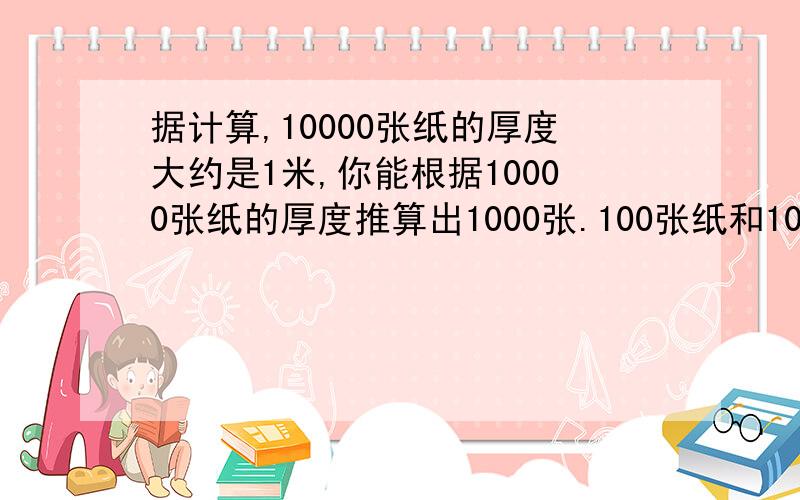 据计算,10000张纸的厚度大约是1米,你能根据10000张纸的厚度推算出1000张.100张纸和10张纸的厚度吗?