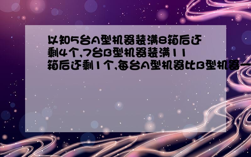 以知5台A型机器装满8箱后还剩4个,7台B型机器装满11箱后还剩1个,每台A型机器比B型机器一天多生产1个产品.求每箱有多少个产品?