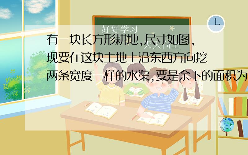 有一块长方形耕地,尺寸如图,现要在这块土地上沿东西方向挖两条宽度一样的水渠,要是余下的面积为9856平方米,那么水渠应挖多宽?