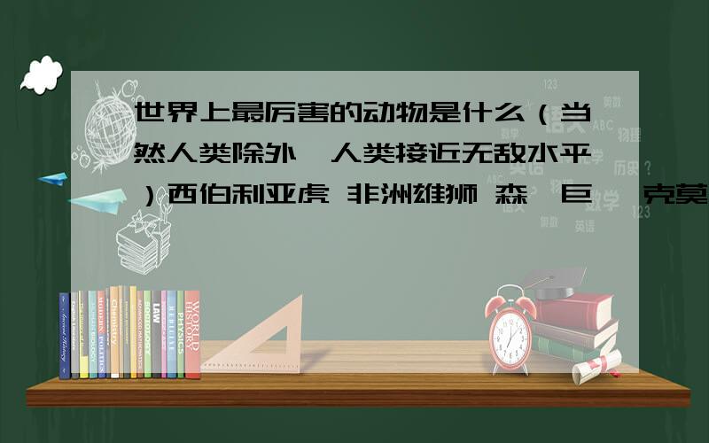 世界上最厉害的动物是什么（当然人类除外,人类接近无敌水平）西伯利亚虎 非洲雄狮 森蚺巨蟒 克莫多巨蜥 大白鲨 非洲象黑犀牛 非洲水牛 美洲大鳄鱼 河马 北极熊 棕熊 虎鲨~霸王龙我觉得