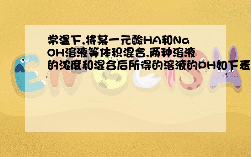 常温下,将某一元酸HA和NaOH溶液等体积混合,两种溶液的浓度和混合后所得的溶液的PH如下表：请常温下,将某一元酸HA和NaOH溶液等体积混合,两种溶液的浓度和混合后所得的溶液的PH如下表：请