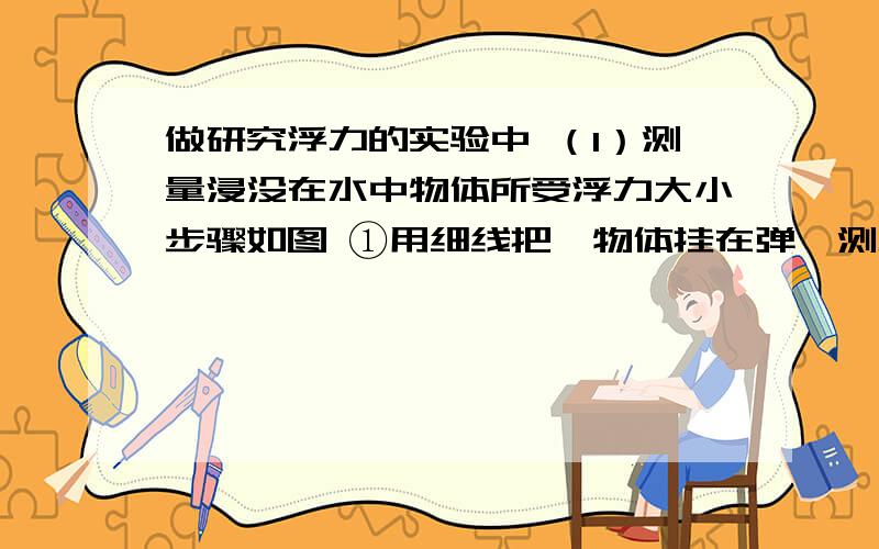 做研究浮力的实验中 （1）测量浸没在水中物体所受浮力大小步骤如图 ①用细线把一物体挂在弹簧测力计上如做研究浮力的实验中（1）测量浸没在水中物体所受浮力大小步骤如图①用细线把