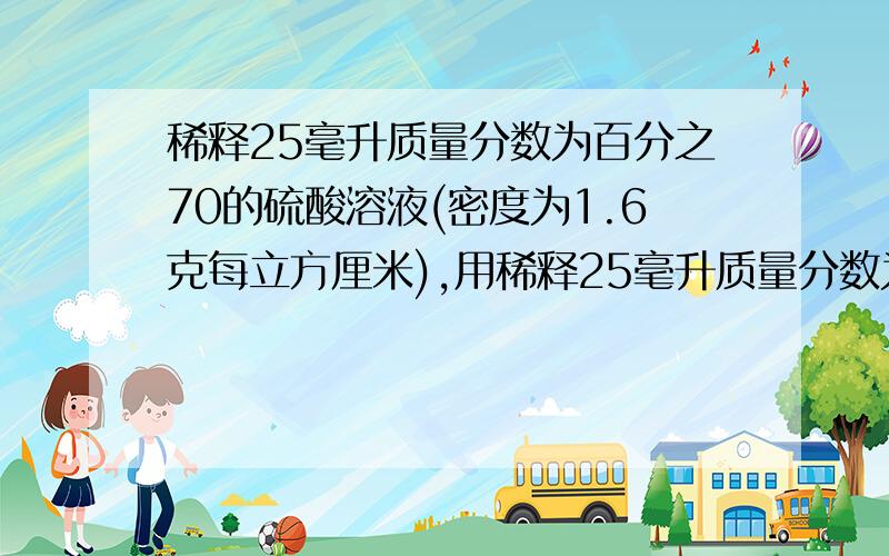 稀释25毫升质量分数为百分之70的硫酸溶液(密度为1.6克每立方厘米),用稀释25毫升质量分数为百分之七十的硫酸溶液（密度为1.6克每立方厘米）,用于配制质量分数为百分之二十八的硫酸溶液（