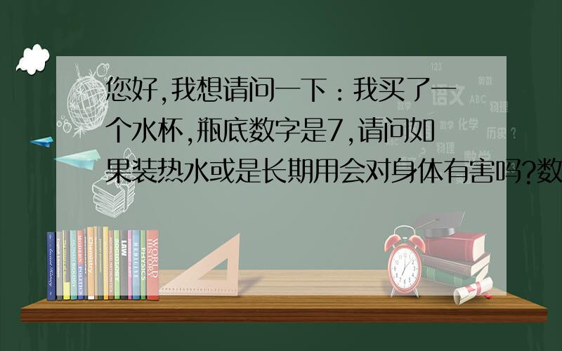 您好,我想请问一下：我买了一个水杯,瓶底数字是7,请问如果装热水或是长期用会对身体有害吗?数字是7不是07哦!