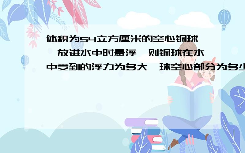 体积为54立方厘米的空心铜球,放进水中时悬浮,则铜球在水中受到的浮力为多大,球空心部分为多少?