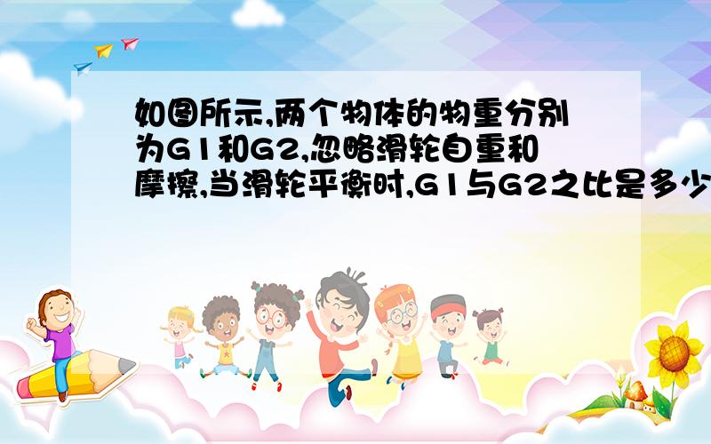 如图所示,两个物体的物重分别为G1和G2,忽略滑轮自重和摩擦,当滑轮平衡时,G1与G2之比是多少?图：