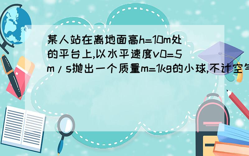 某人站在离地面高h=10m处的平台上,以水平速度v0=5m/s抛出一个质量m=1kg的小球,不计空气阻力,g取10m/s^2.问：（1）人对小球做了多少功?（2）小球落地时的速度为多大?