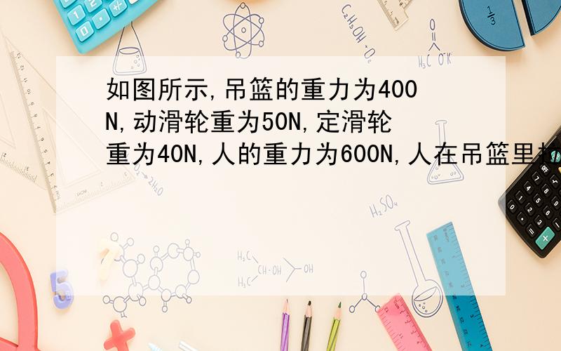 如图所示,吊篮的重力为400N,动滑轮重为50N,定滑轮重为40N,人的重力为600N,人在吊篮里拉着绳子不动时人需用力（ ）N