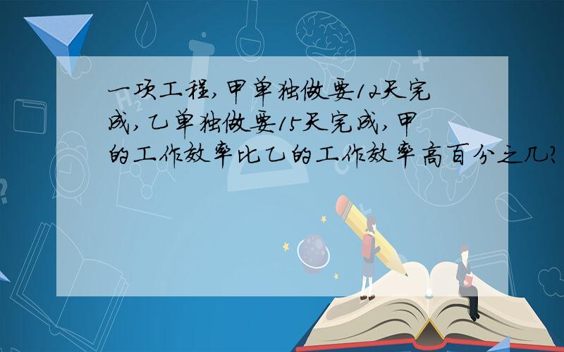 一项工程,甲单独做要12天完成,乙单独做要15天完成,甲的工作效率比乙的工作效率高百分之几?